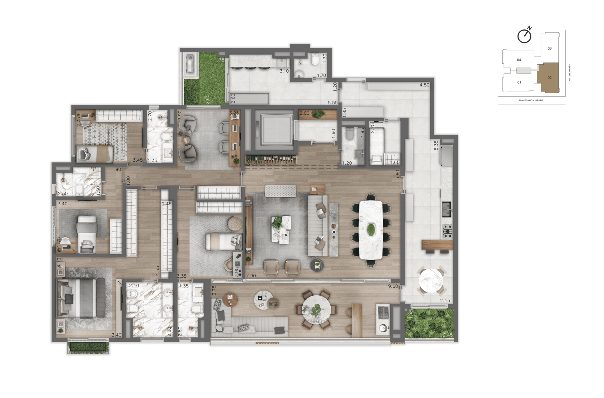 Planta-Tipo 264 m² | 4 dorms (4 suítes)